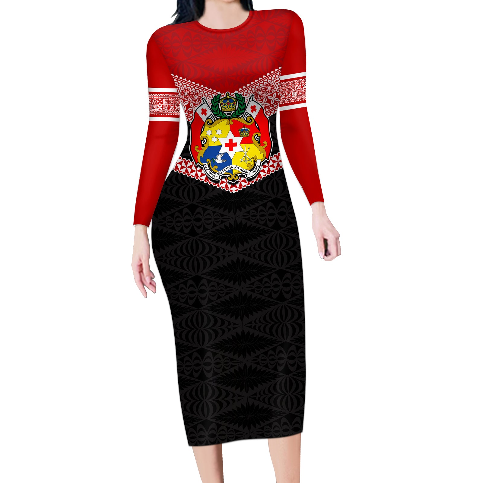 Personalised Tonga Long Sleeve Bodycon Dress Tonga Coat of Arms with Seamless Tapa Ngatu Pattern LT03 Long Dress Black - Polynesian Pride