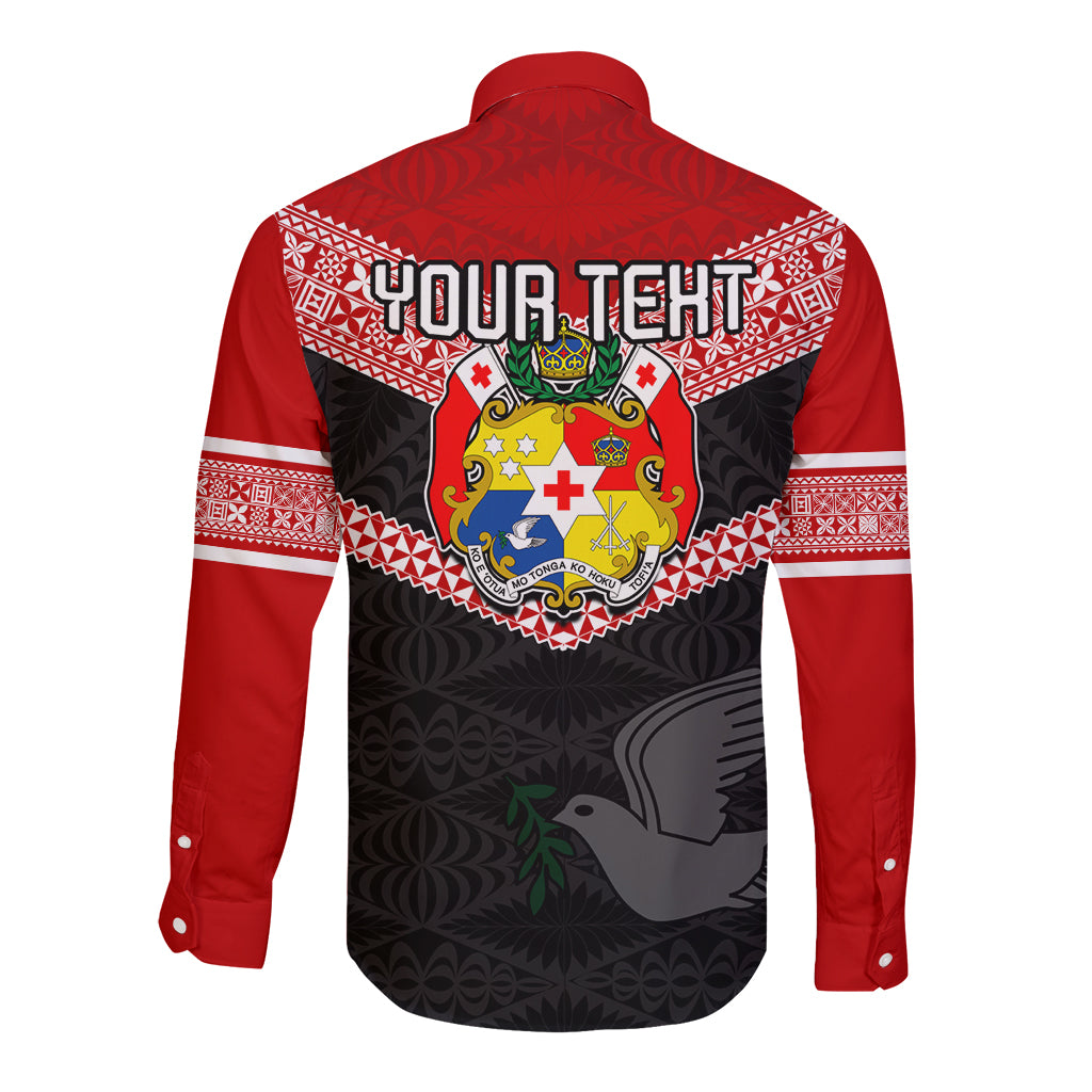 Personalised Tonga Long Sleeve Button Shirt Tonga Coat of Arms with Seamless Tapa Ngatu Pattern LT03 - Polynesian Pride