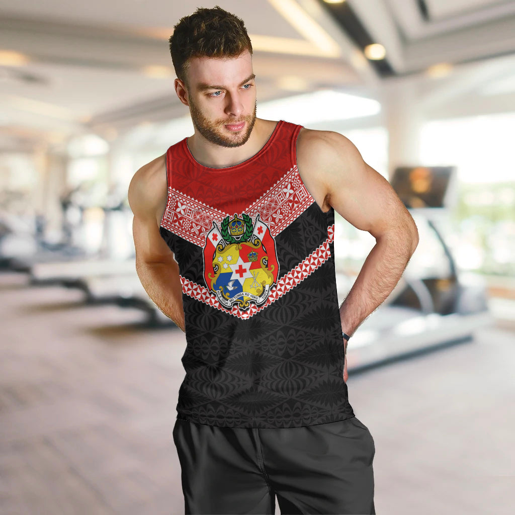 Personalised Tonga Men Tank Top Tonga Coat of Arms with Seamless Tapa Ngatu Pattern LT03 - Polynesian Pride