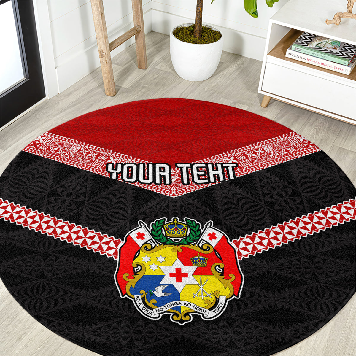 Personalised Tonga Round Carpet Tonga Coat of Arms with Seamless Tapa Ngatu Pattern LT03 Black - Polynesian Pride