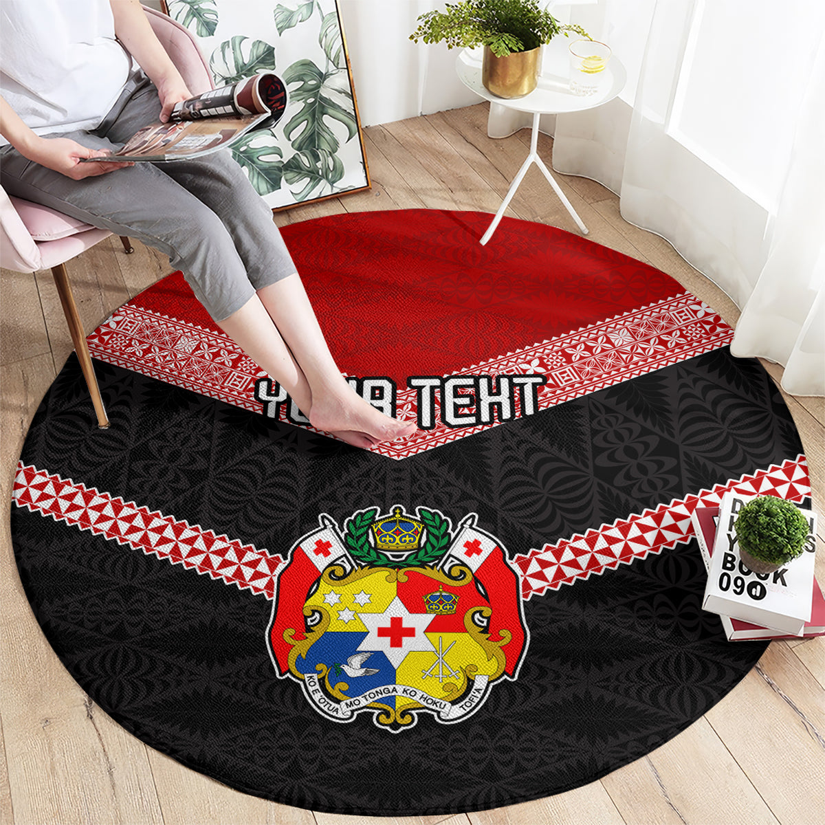 Personalised Tonga Round Carpet Tonga Coat of Arms with Seamless Tapa Ngatu Pattern LT03 - Polynesian Pride