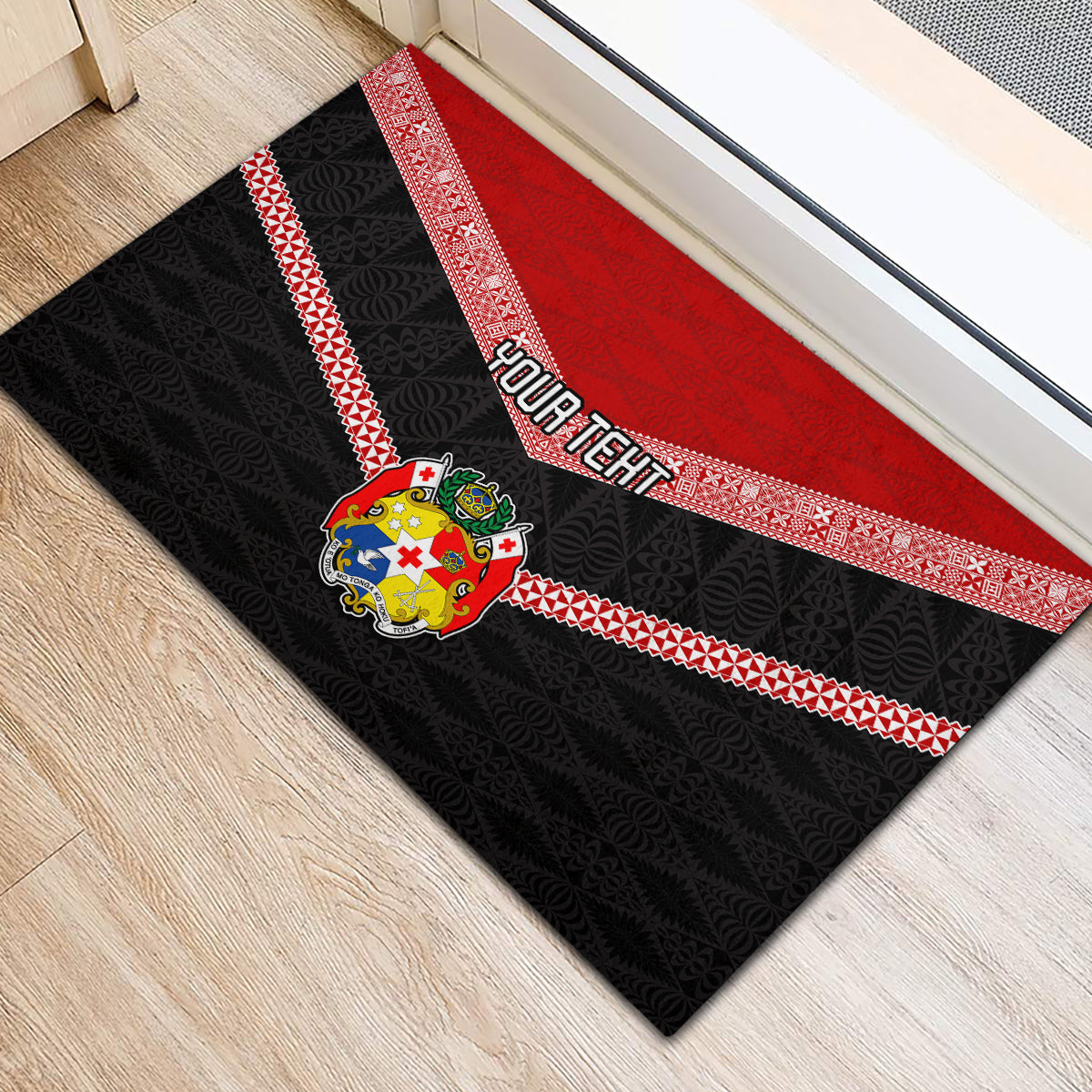 Personalised Tonga Rubber Doormat Tonga Coat of Arms with Seamless Tapa Ngatu Pattern LT03 - Polynesian Pride