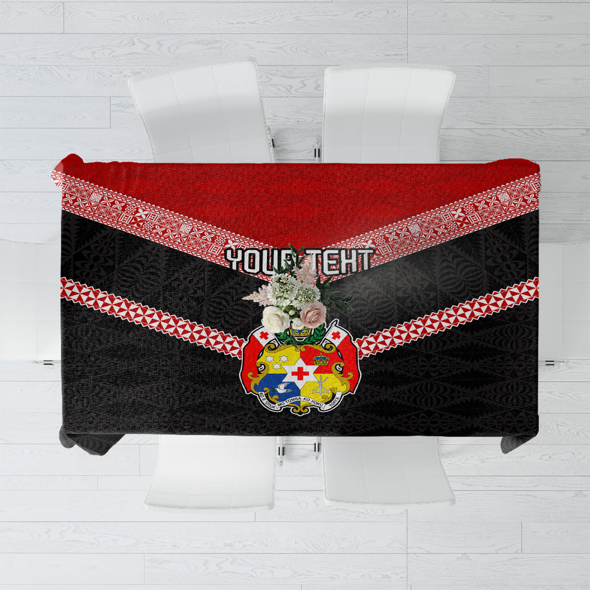 Personalised Tonga Tablecloth Tonga Coat of Arms with Seamless Tapa Ngatu Pattern LT03 Black - Polynesian Pride