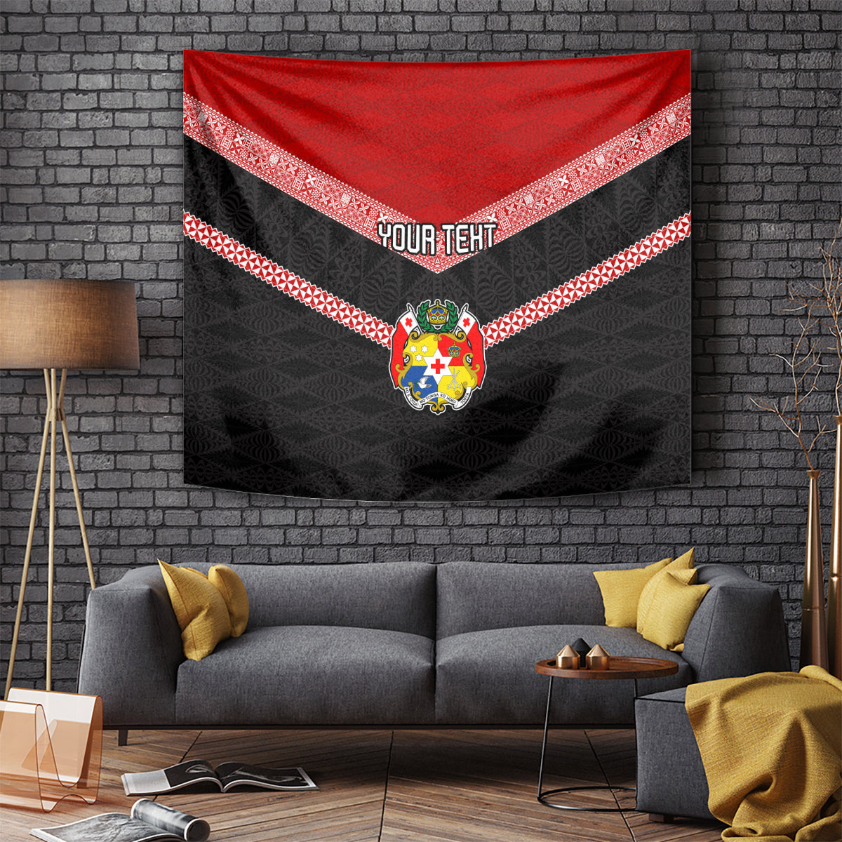 Personalised Tonga Tapestry Tonga Coat of Arms with Seamless Tapa Ngatu Pattern LT03 Black - Polynesian Pride