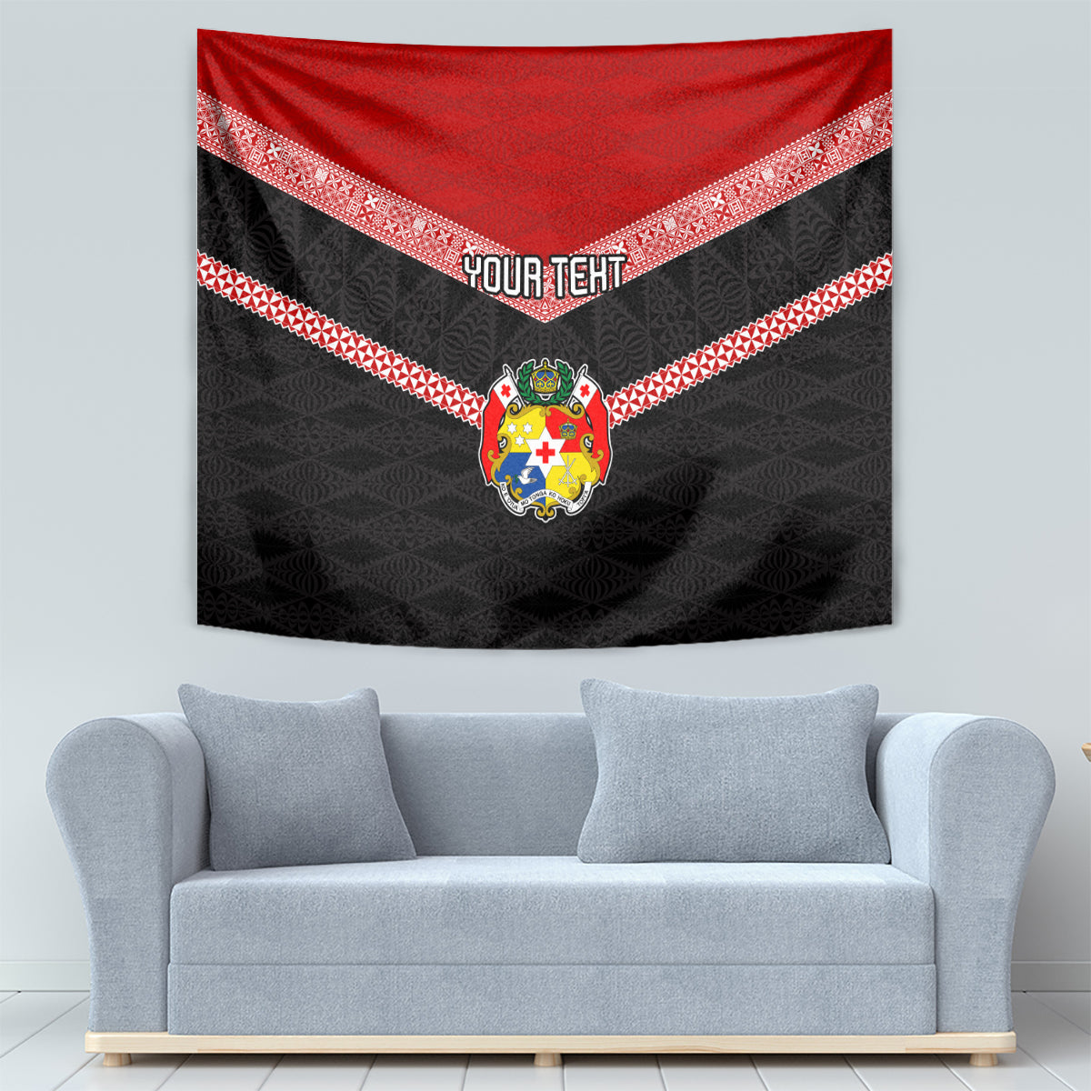 Personalised Tonga Tapestry Tonga Coat of Arms with Seamless Tapa Ngatu Pattern LT03 - Polynesian Pride