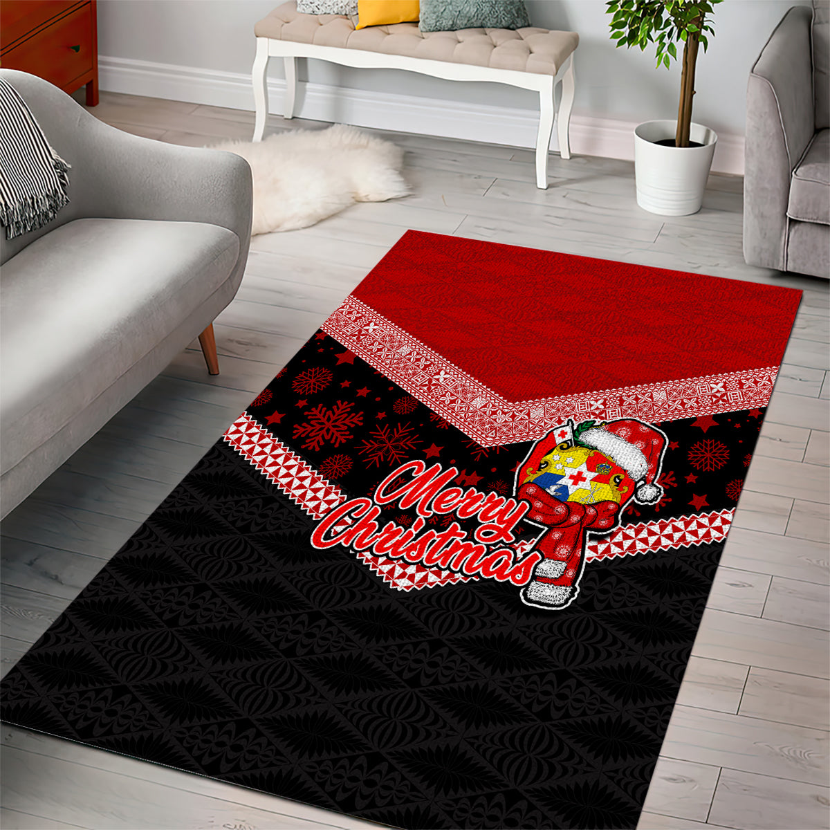 Tonga Christmas Area Rug Tongan Coat of Arms Santa With Ngatu Pattern Christmas Red Style LT03 - Polynesian Pride