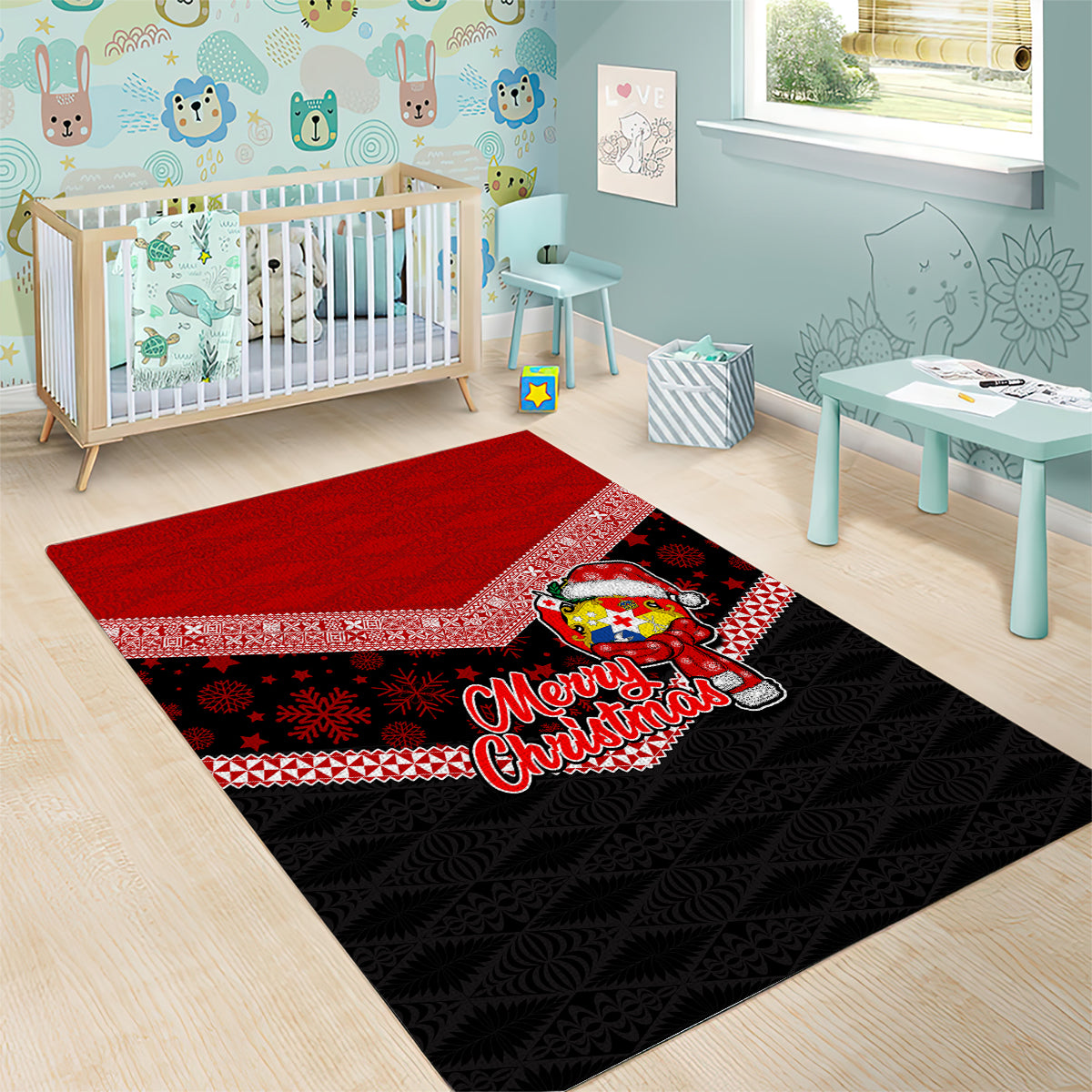 Tonga Christmas Area Rug Tongan Coat of Arms Santa With Ngatu Pattern Christmas Red Style LT03 - Polynesian Pride