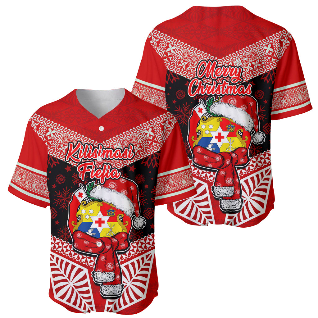 Tonga Christmas Baseball Jersey Tongan Coat of Arms Santa With Ngatu Pattern Christmas Red Style LT03 - Polynesian Pride