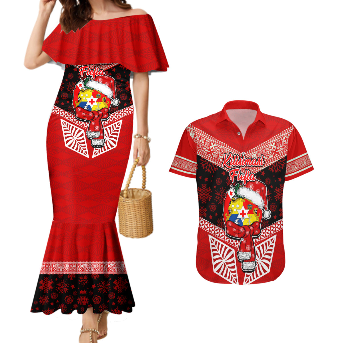 Tonga Christmas Couples Matching Mermaid Dress and Hawaiian Shirt Tongan Coat of Arms Santa With Ngatu Pattern Christmas Red Style LT03 Red - Polynesian Pride