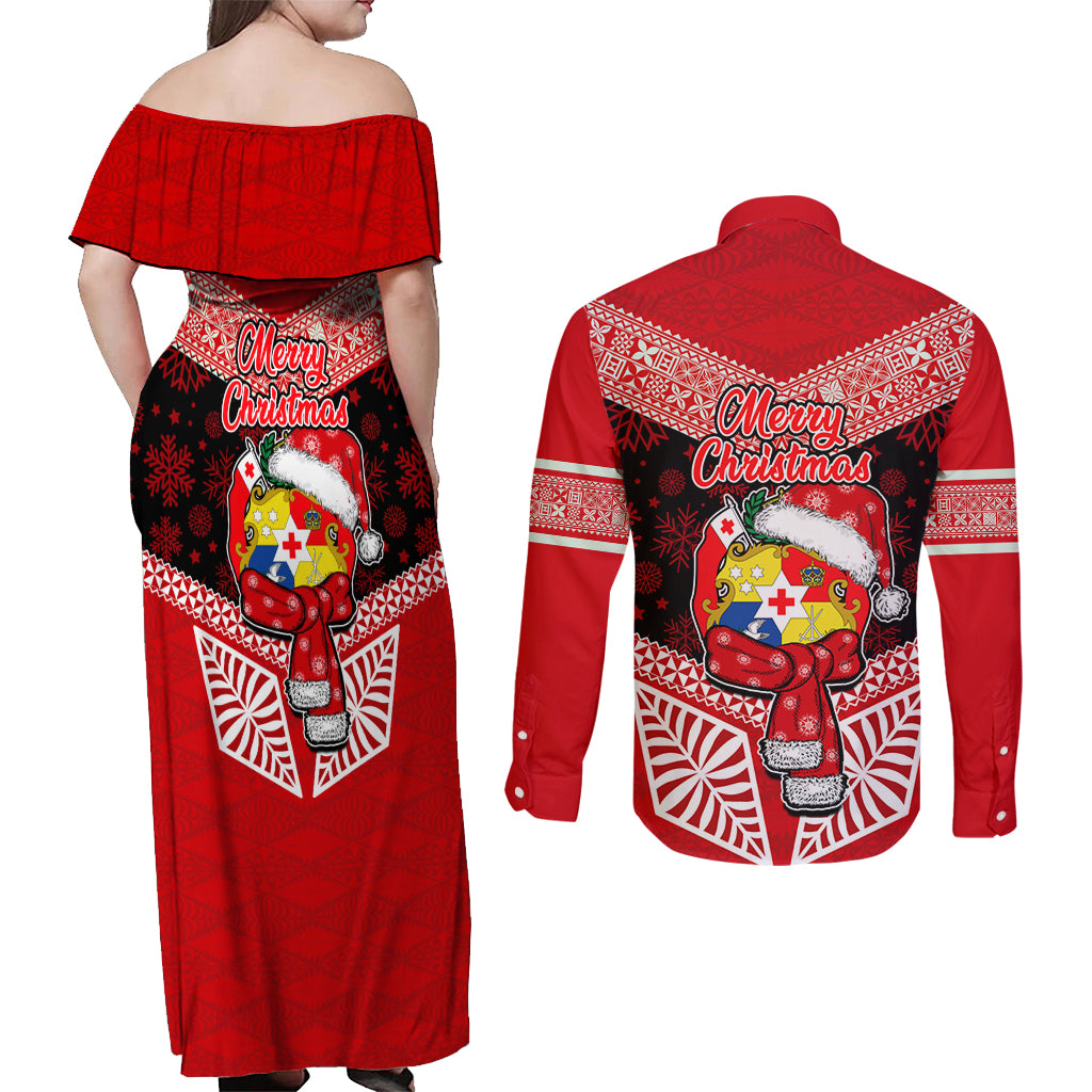 Tonga Christmas Couples Matching Off Shoulder Maxi Dress and Long Sleeve Button Shirts Tongan Coat of Arms Santa With Ngatu Pattern Christmas Red Style LT03 - Polynesian Pride