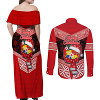 Tonga Christmas Couples Matching Off Shoulder Maxi Dress and Long Sleeve Button Shirts Tongan Coat of Arms Santa With Ngatu Pattern Christmas Red Style LT03 - Polynesian Pride
