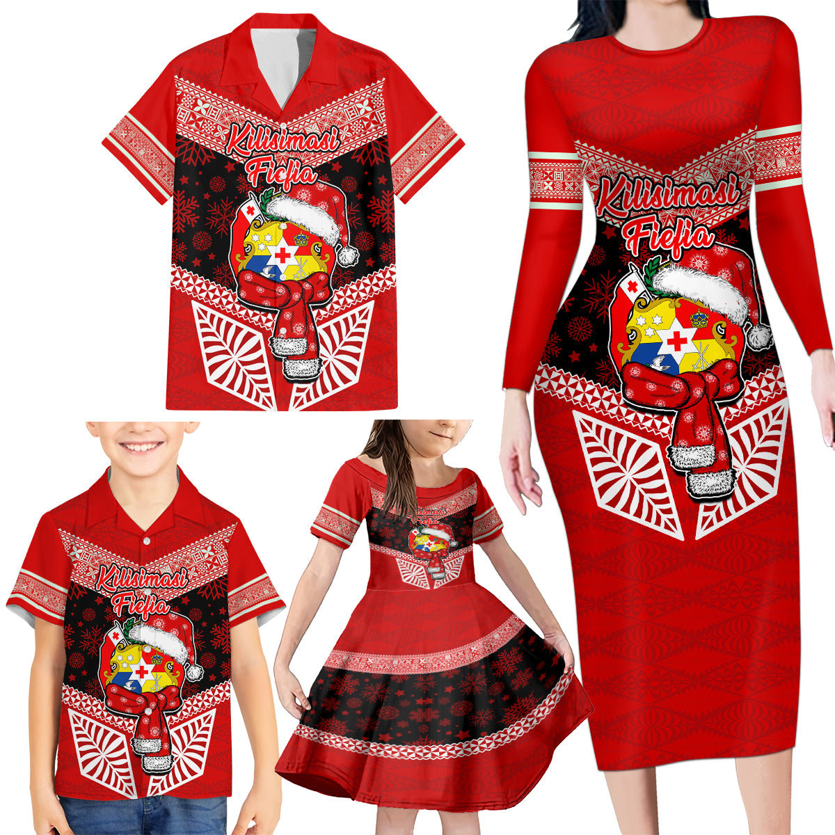 Tonga Christmas Family Matching Long Sleeve Bodycon Dress and Hawaiian Shirt Tongan Coat of Arms Santa With Ngatu Pattern Christmas Red Style LT03 - Polynesian Pride