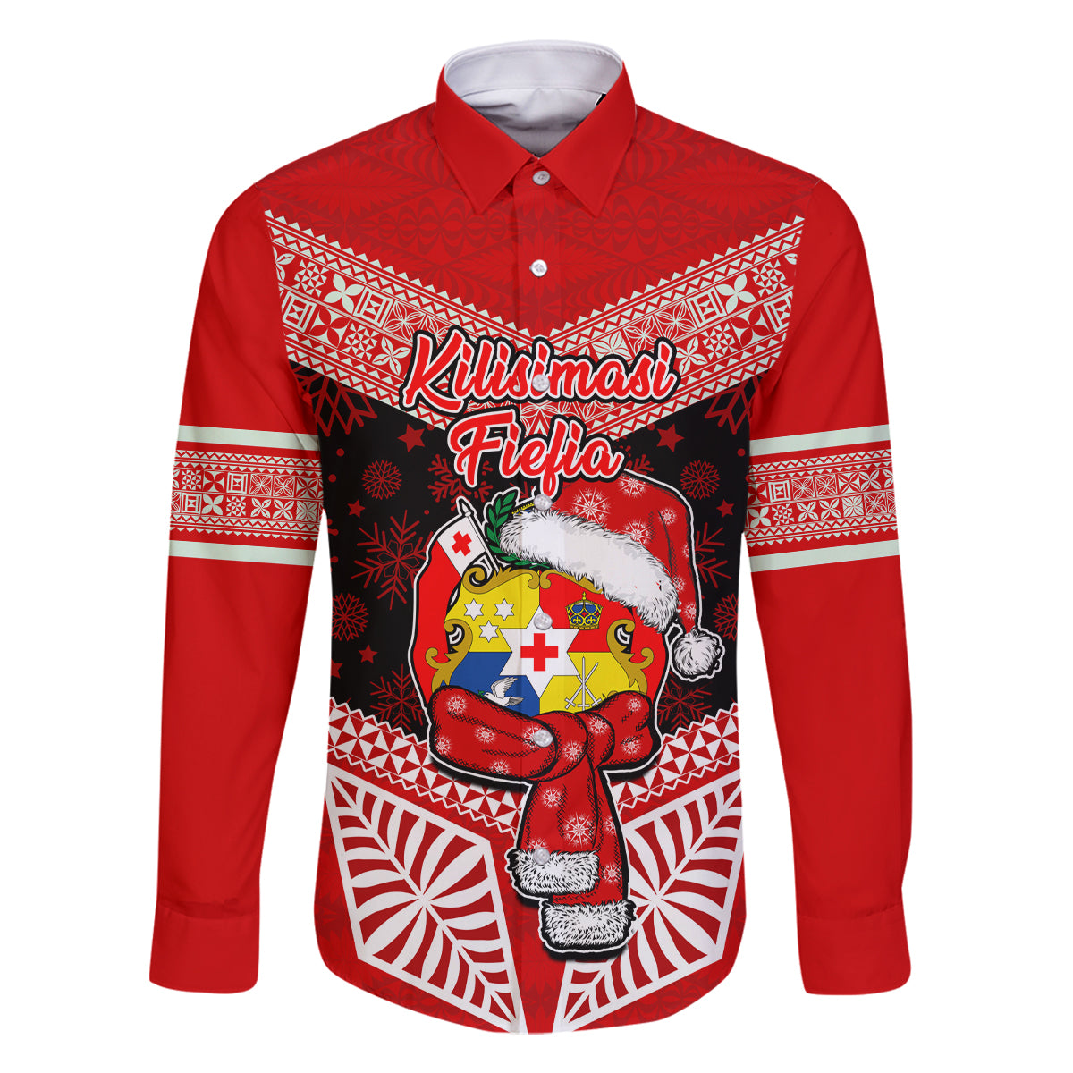 Tonga Christmas Family Matching Mermaid Dress and Hawaiian Shirt Tongan Coat of Arms Santa With Ngatu Pattern Christmas Red Style LT03 Dad's Shirt - Long Sleeve Red - Polynesian Pride
