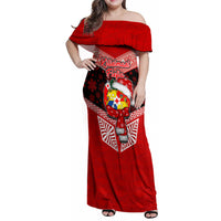 Tonga Christmas Family Matching Off Shoulder Maxi Dress and Hawaiian Shirt Tongan Coat of Arms Santa With Ngatu Pattern Christmas Red Style LT03 Mom's Dress Red - Polynesian Pride