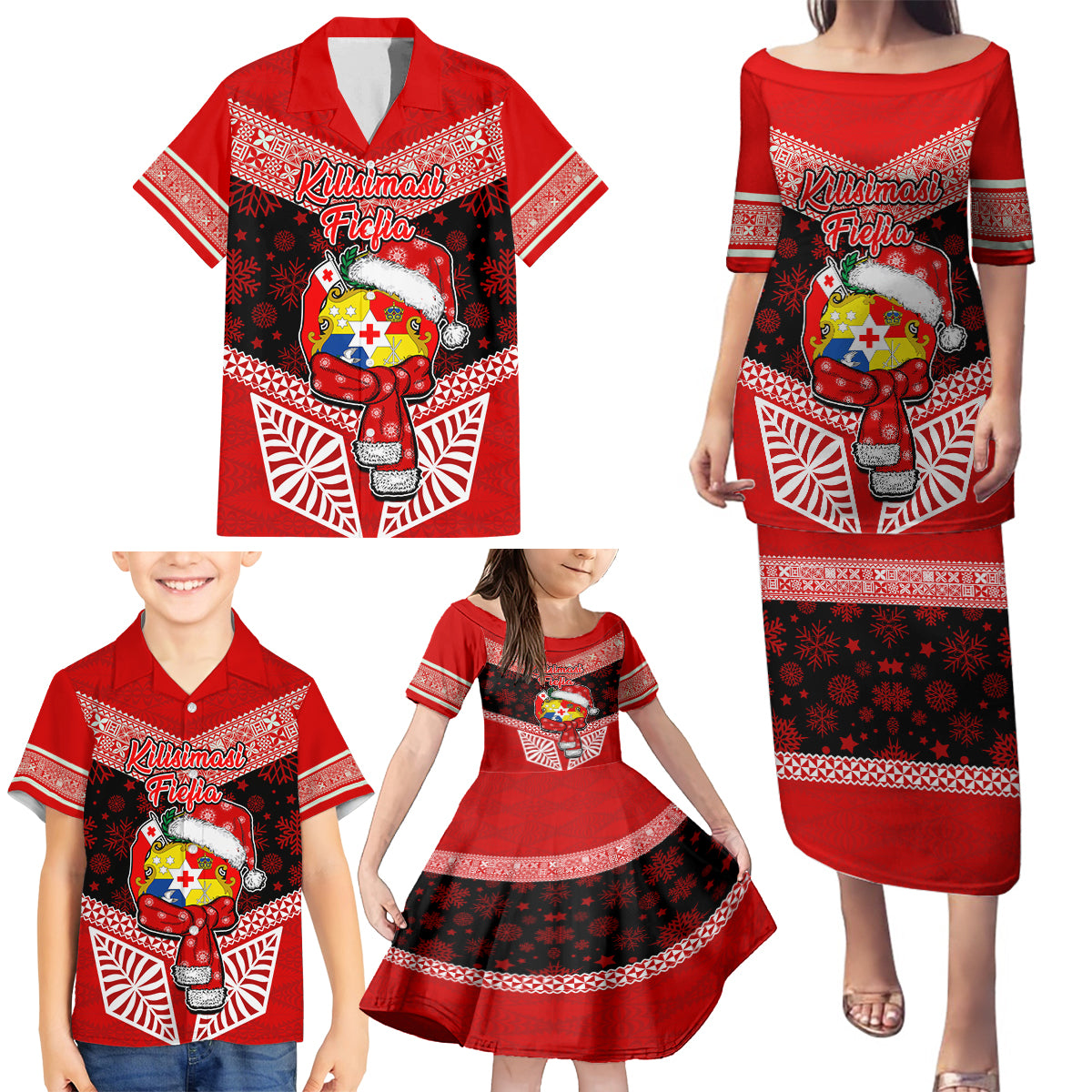 Tonga Christmas Family Matching Puletasi Dress and Hawaiian Shirt Tongan Coat of Arms Santa With Ngatu Pattern Christmas Red Style LT03 - Polynesian Pride