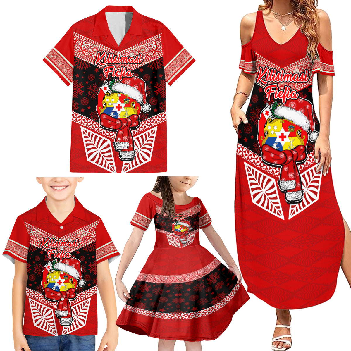 Tonga Christmas Family Matching Summer Maxi Dress and Hawaiian Shirt Tongan Coat of Arms Santa With Ngatu Pattern Christmas Red Style LT03 - Polynesian Pride