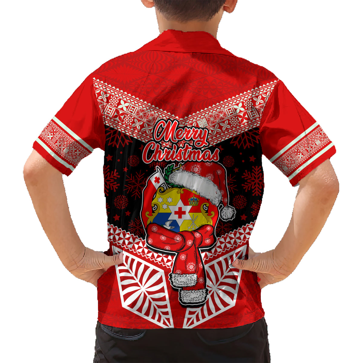 Tonga Christmas Kid Hawaiian Shirt Tongan Coat of Arms Santa With Ngatu Pattern Christmas Red Style LT03 - Polynesian Pride
