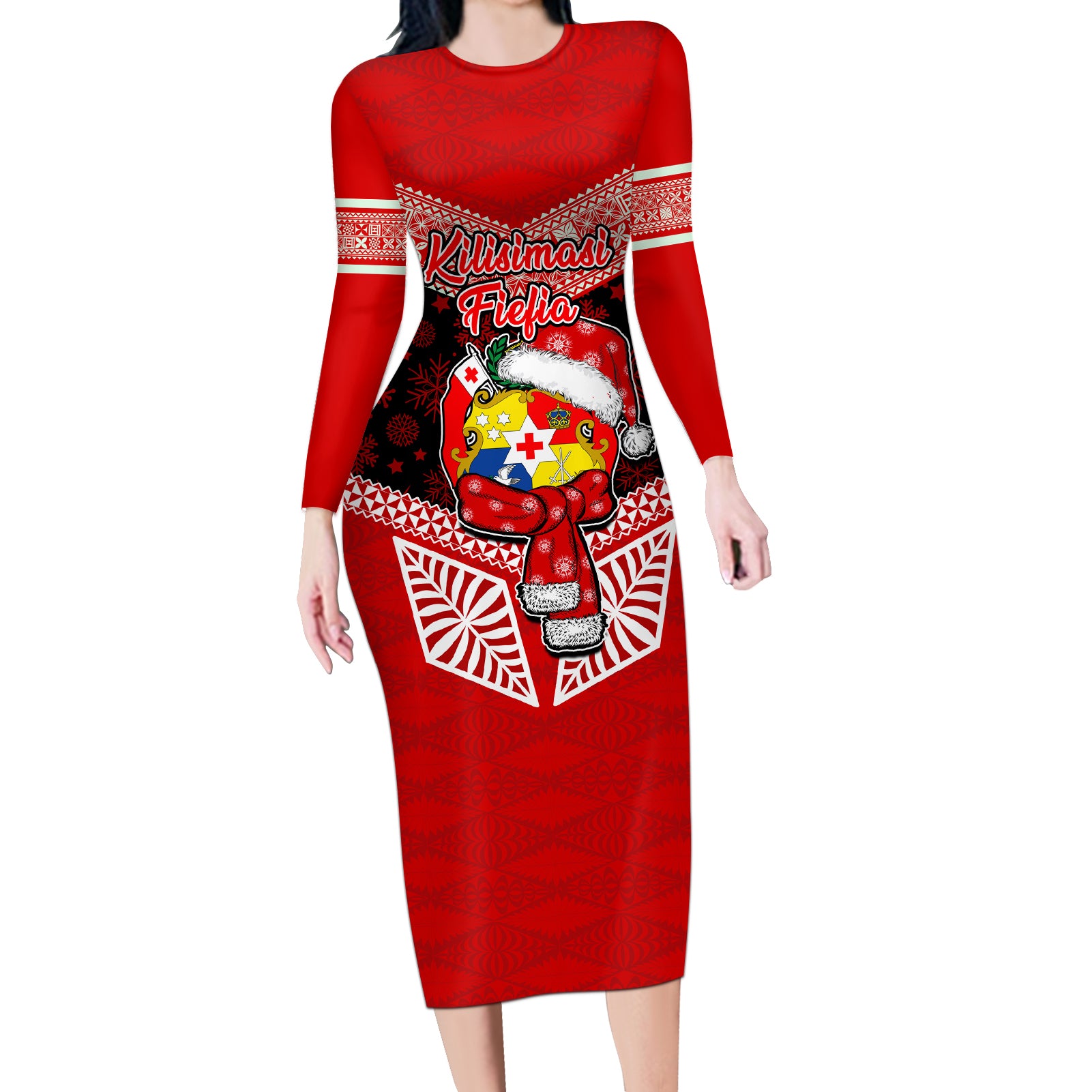 Tonga Christmas Long Sleeve Bodycon Dress Tongan Coat of Arms Santa With Ngatu Pattern Christmas Red Style LT03 Long Dress Red - Polynesian Pride