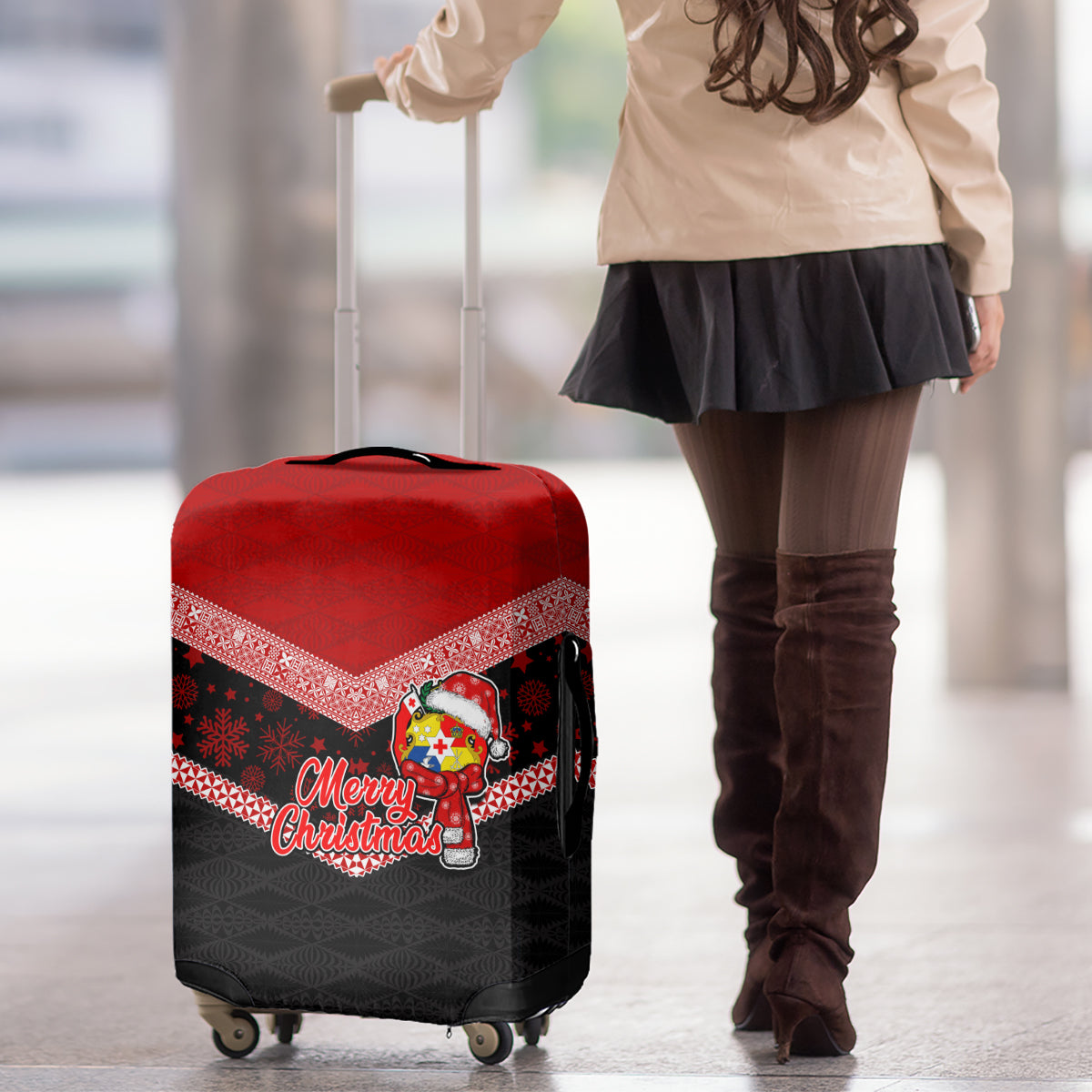 Tonga Christmas Luggage Cover Tongan Coat of Arms Santa With Ngatu Pattern Christmas Red Style LT03 - Polynesian Pride