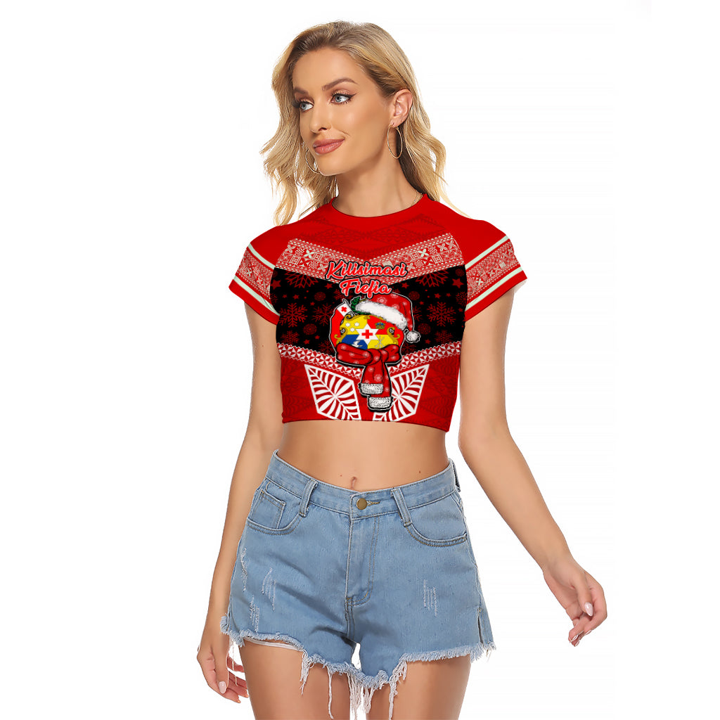 Tonga Christmas Raglan Cropped T Shirt Tongan Coat of Arms Santa With Ngatu Pattern Christmas Red Style LT03 Female Red - Polynesian Pride
