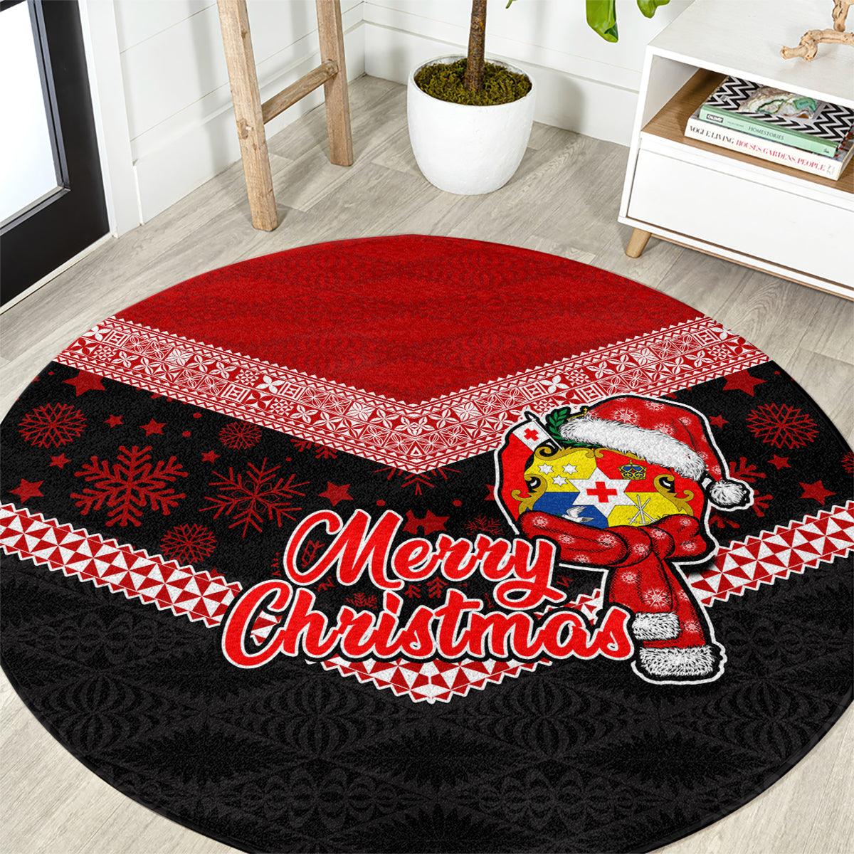 Tonga Christmas Round Carpet Tongan Coat of Arms Santa With Ngatu Pattern Christmas Red Style LT03 Red - Polynesian Pride