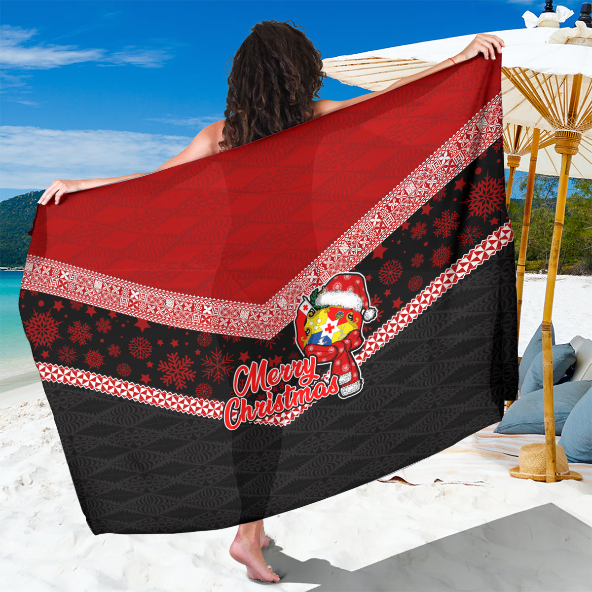 Tonga Christmas Sarong Tongan Coat of Arms Santa With Ngatu Pattern Christmas Red Style LT03 One Size 44 x 66 inches Red - Polynesian Pride