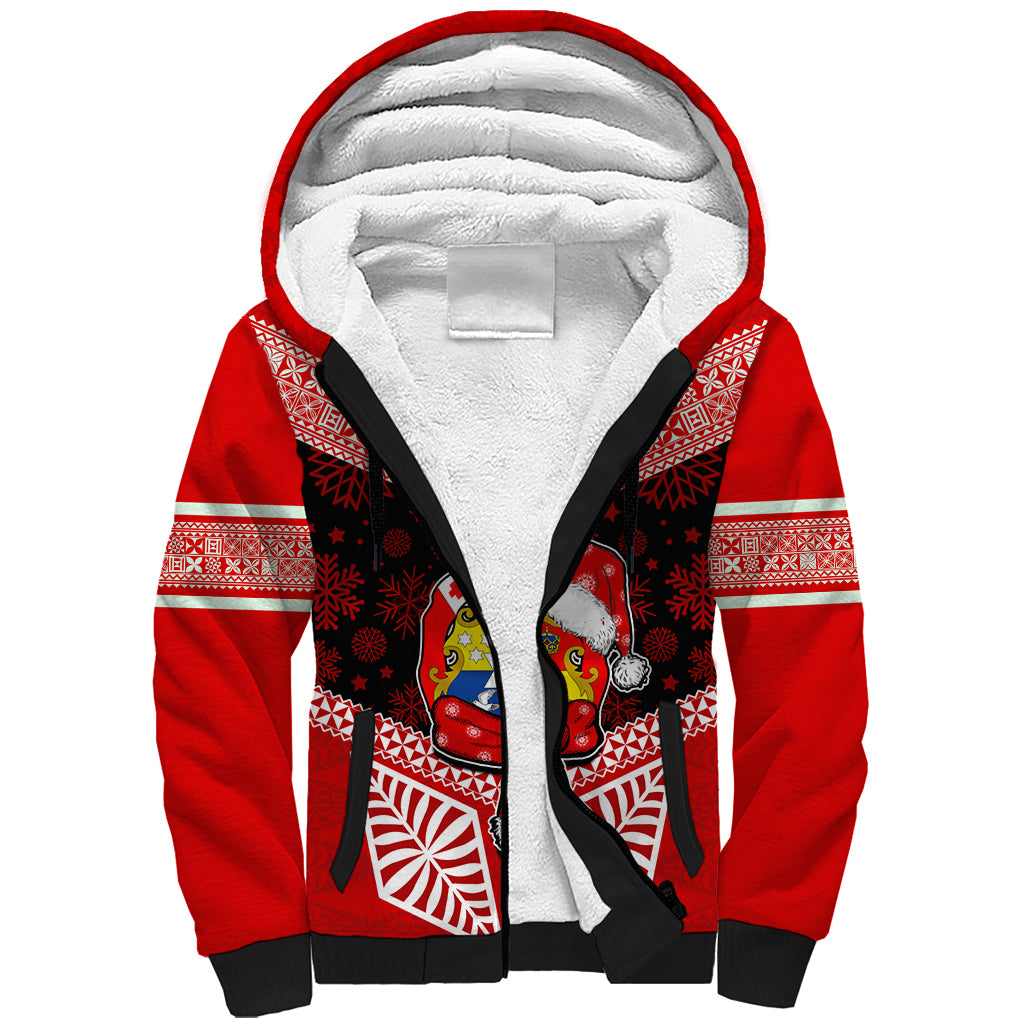 Tonga Christmas Sherpa Hoodie Tongan Coat of Arms Santa With Ngatu Pattern Christmas Red Style LT03 Unisex Red - Polynesian Pride