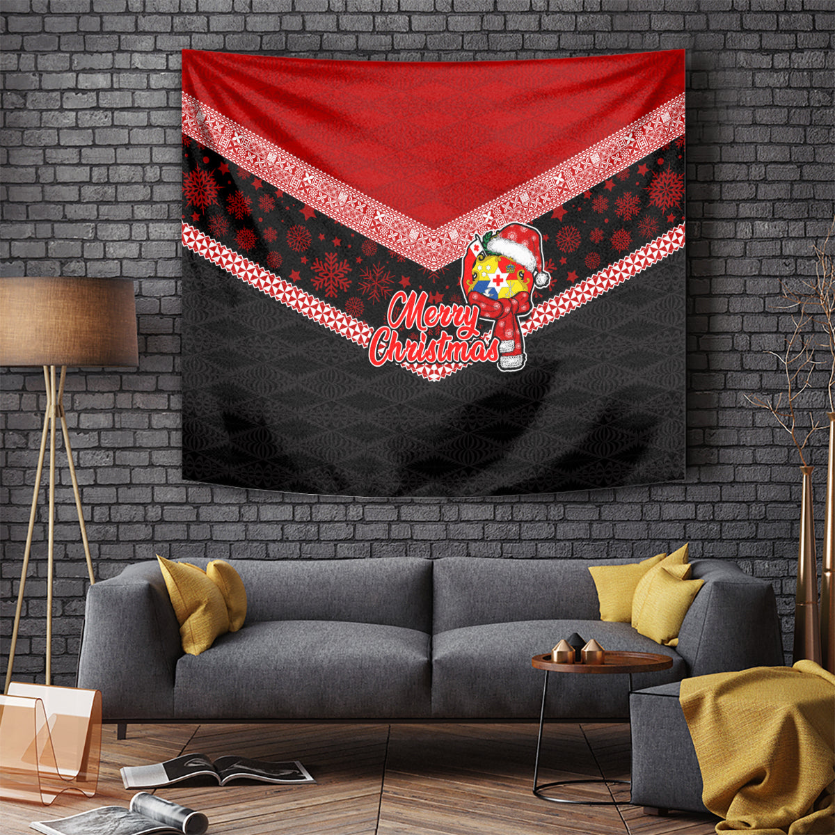 Tonga Christmas Tapestry Tongan Coat of Arms Santa With Ngatu Pattern Christmas Red Style LT03 Red - Polynesian Pride