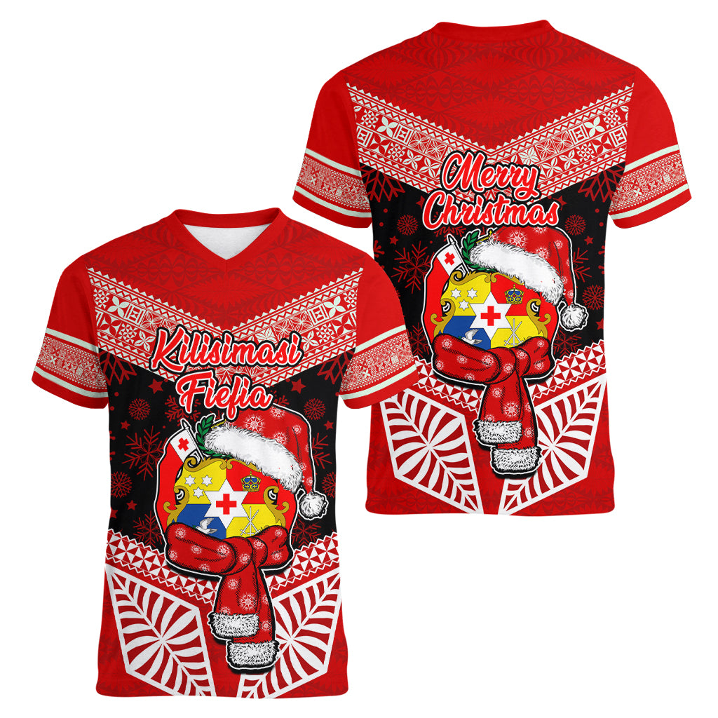 Tonga Christmas Women V Neck T Shirt Tongan Coat of Arms Santa With Ngatu Pattern Christmas Red Style LT03 - Polynesian Pride