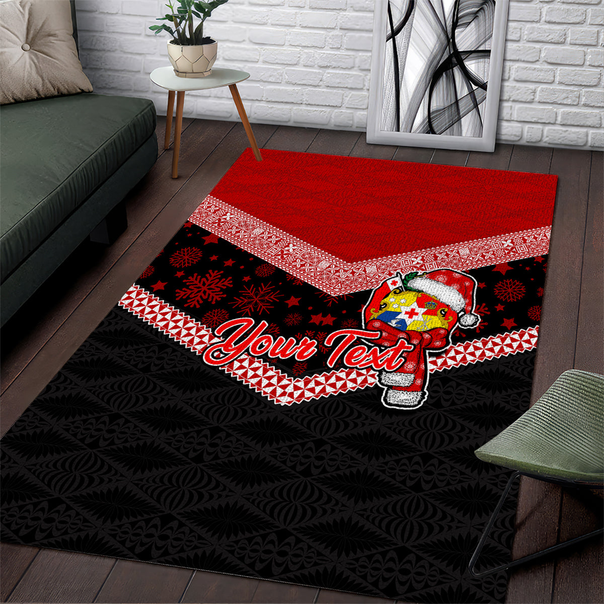 Personalised Tonga Christmas Area Rug Tongan Coat of Arms Santa With Ngatu Pattern Christmas Red Style LT03 Red - Polynesian Pride