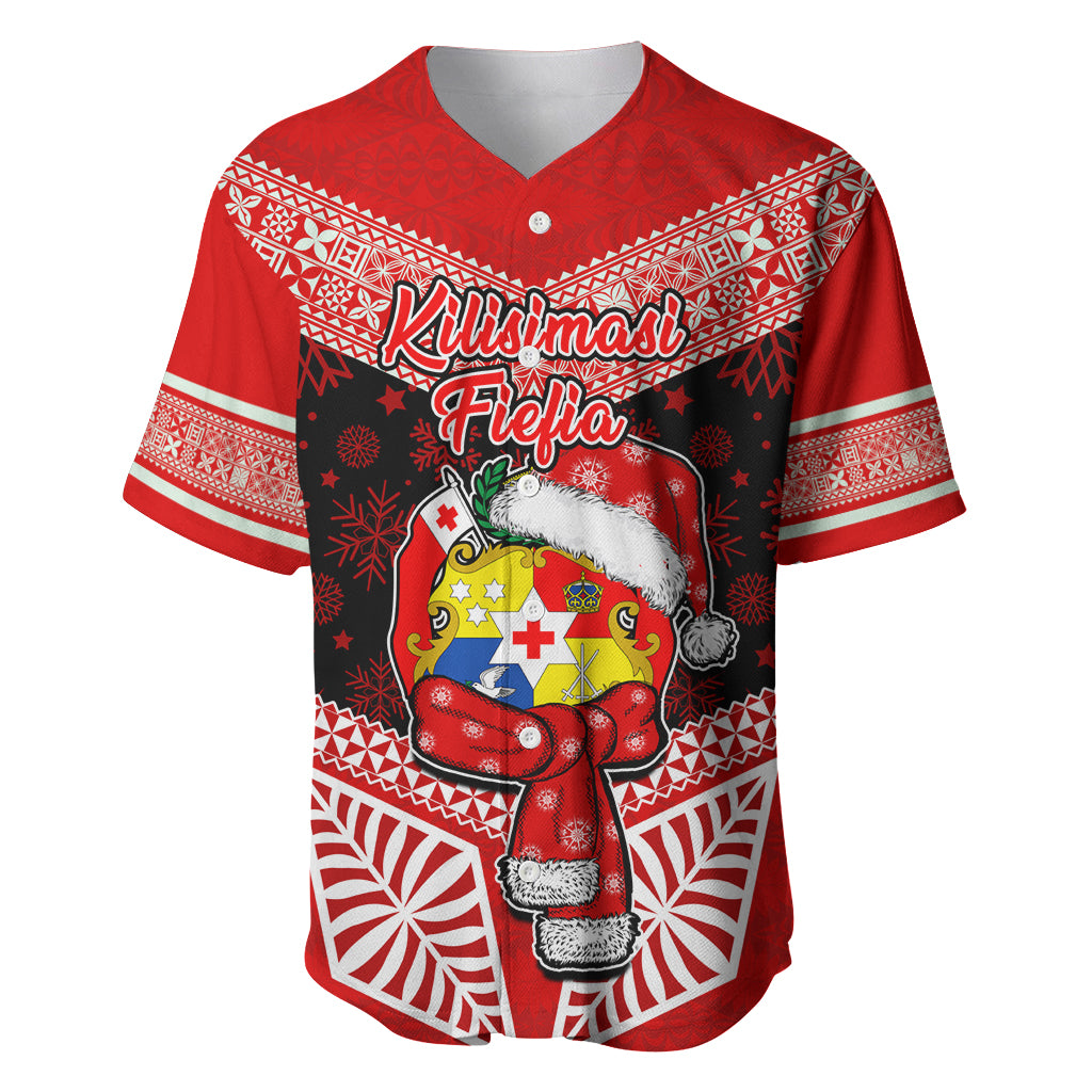 Personalised Tonga Christmas Baseball Jersey Tongan Coat of Arms Santa With Ngatu Pattern Christmas Red Style LT03 Red - Polynesian Pride