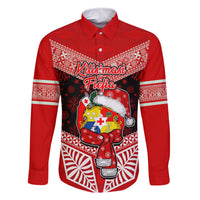 Personalised Tonga Christmas Family Matching Long Sleeve Bodycon Dress and Hawaiian Shirt Tongan Coat of Arms Santa With Ngatu Pattern Christmas Red Style LT03 Dad's Shirt - Long Sleeve Red - Polynesian Pride