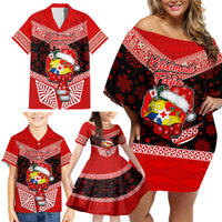 Personalised Tonga Christmas Family Matching Off Shoulder Short Dress and Hawaiian Shirt Tongan Coat of Arms Santa With Ngatu Pattern Christmas Red Style LT03 - Polynesian Pride