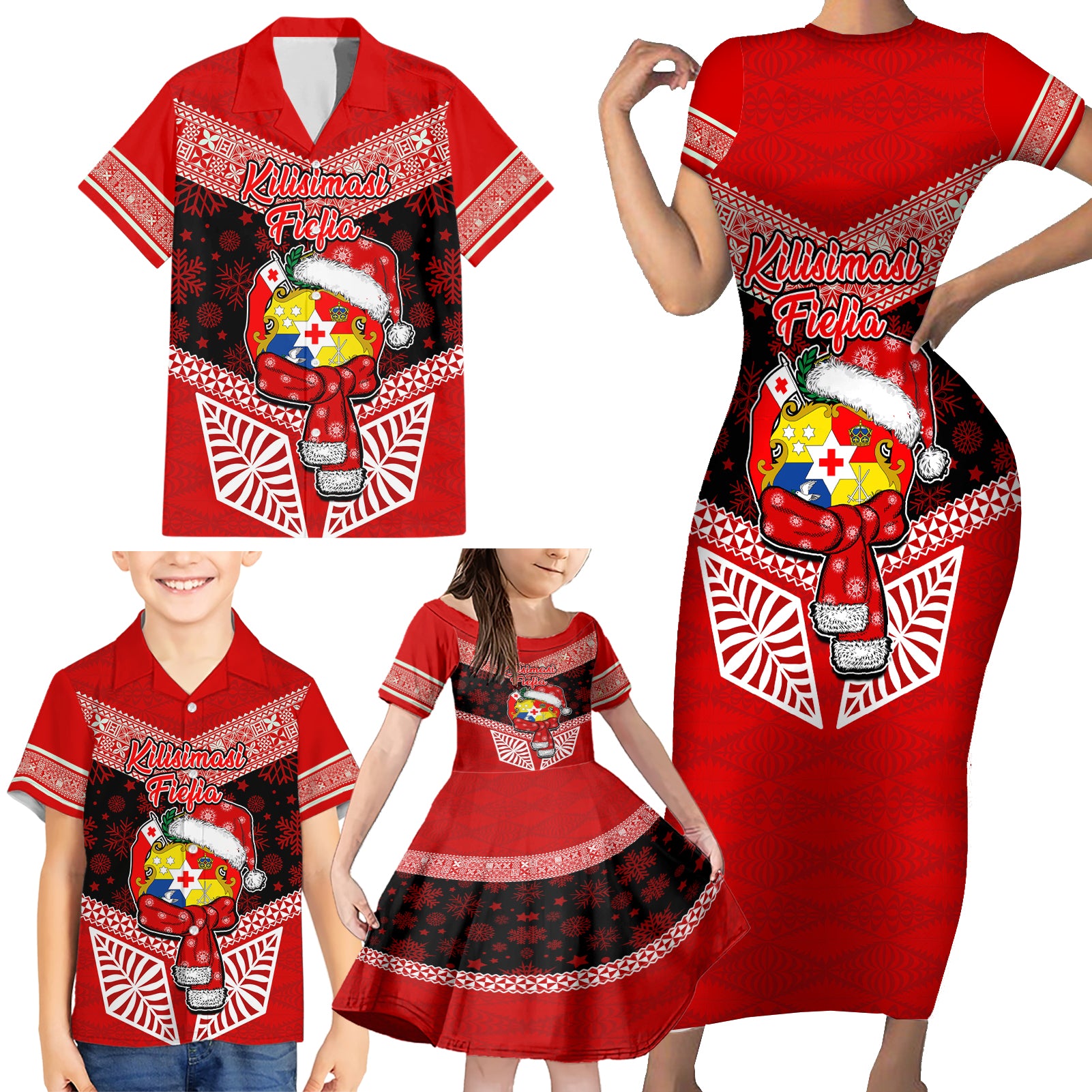 Personalised Tonga Christmas Family Matching Short Sleeve Bodycon Dress and Hawaiian Shirt Tongan Coat of Arms Santa With Ngatu Pattern Christmas Red Style LT03 - Polynesian Pride