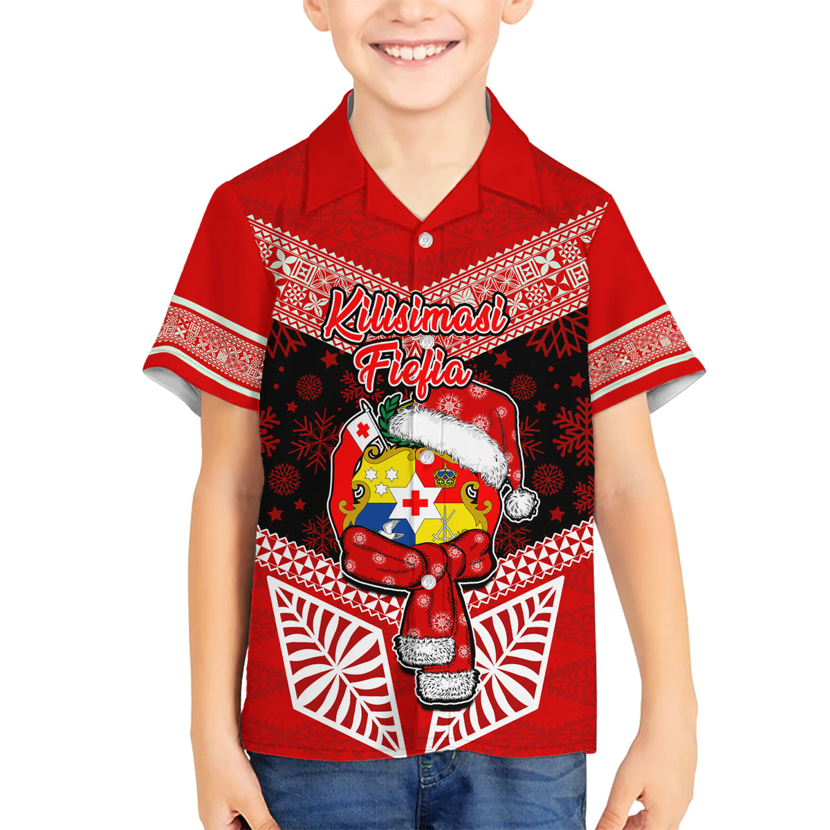 Personalised Tonga Christmas Family Matching Short Sleeve Bodycon Dress and Hawaiian Shirt Tongan Coat of Arms Santa With Ngatu Pattern Christmas Red Style LT03 Son's Shirt Red - Polynesian Pride