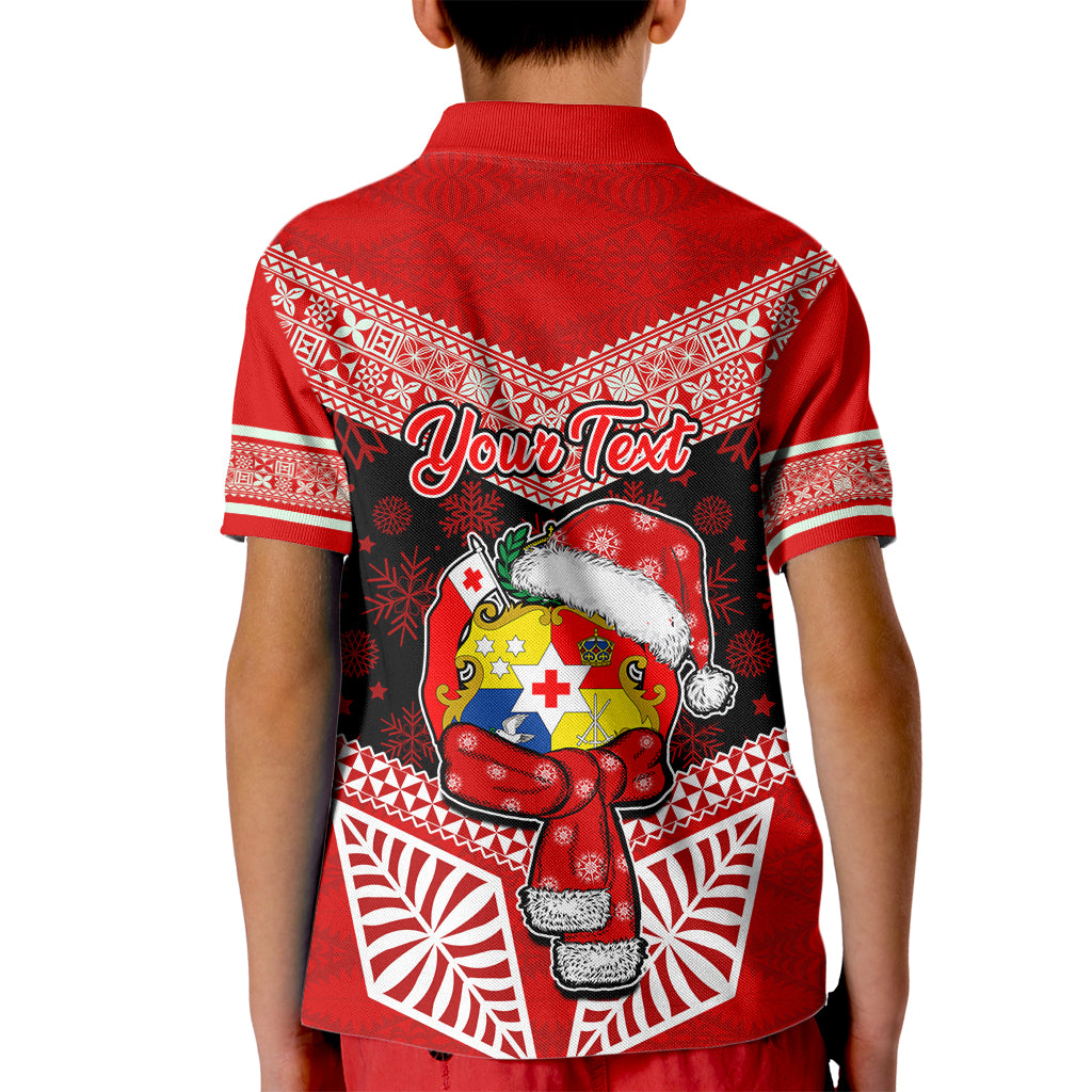 Personalised Tonga Christmas Kid Polo Shirt Tongan Coat of Arms Santa With Ngatu Pattern Christmas Red Style LT03 - Polynesian Pride