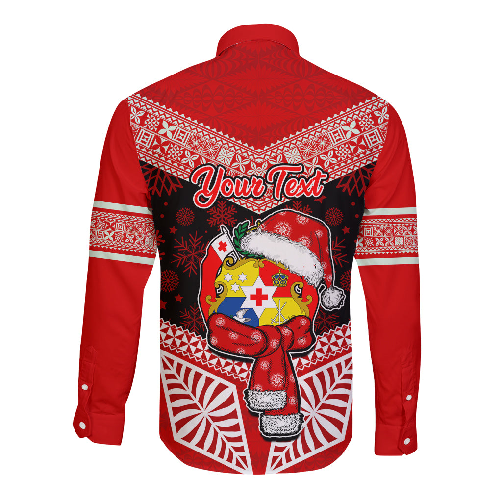 Personalised Tonga Christmas Long Sleeve Button Shirt Tongan Coat of Arms Santa With Ngatu Pattern Christmas Red Style LT03 - Polynesian Pride