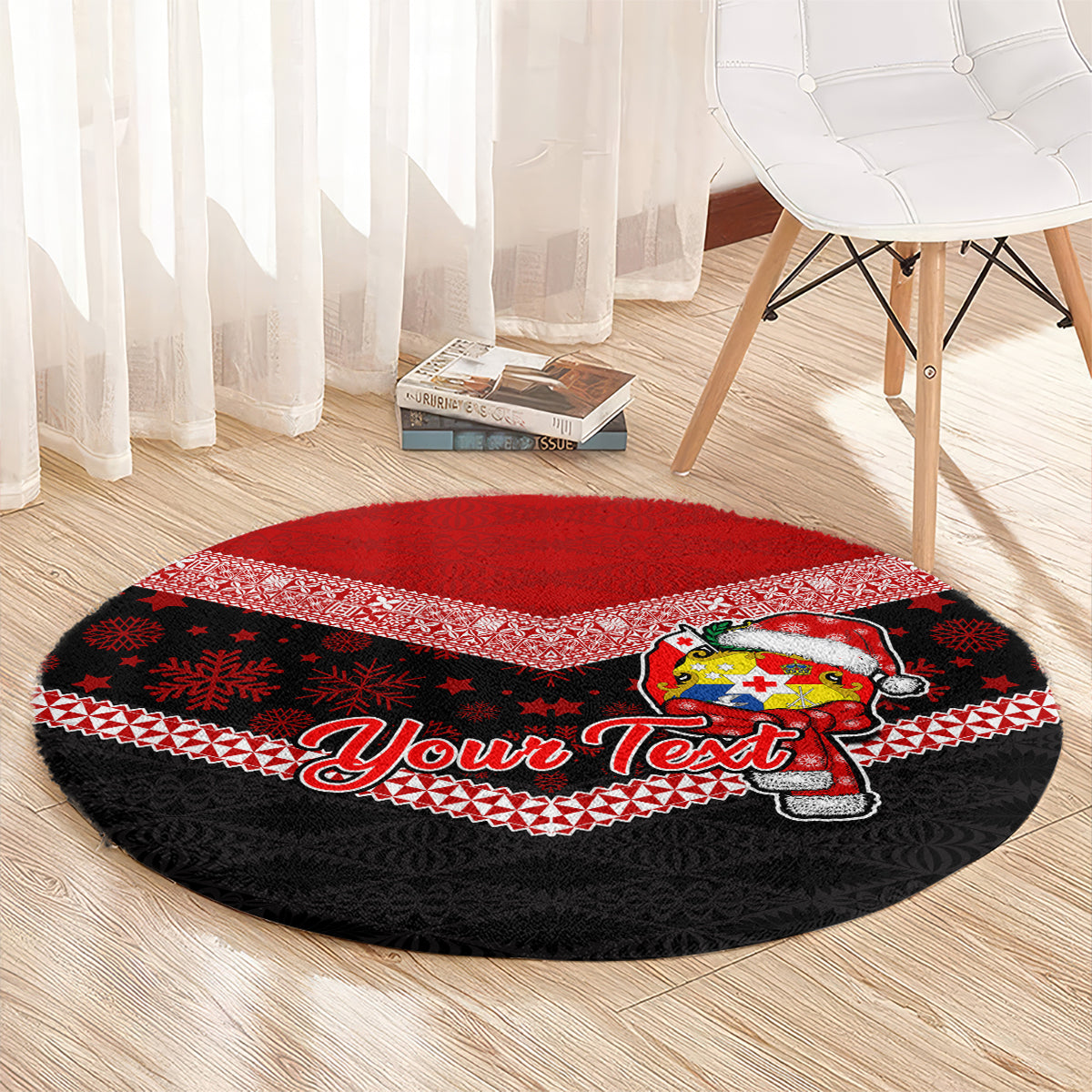 Personalised Tonga Christmas Round Carpet Tongan Coat of Arms Santa With Ngatu Pattern Christmas Red Style LT03 - Polynesian Pride