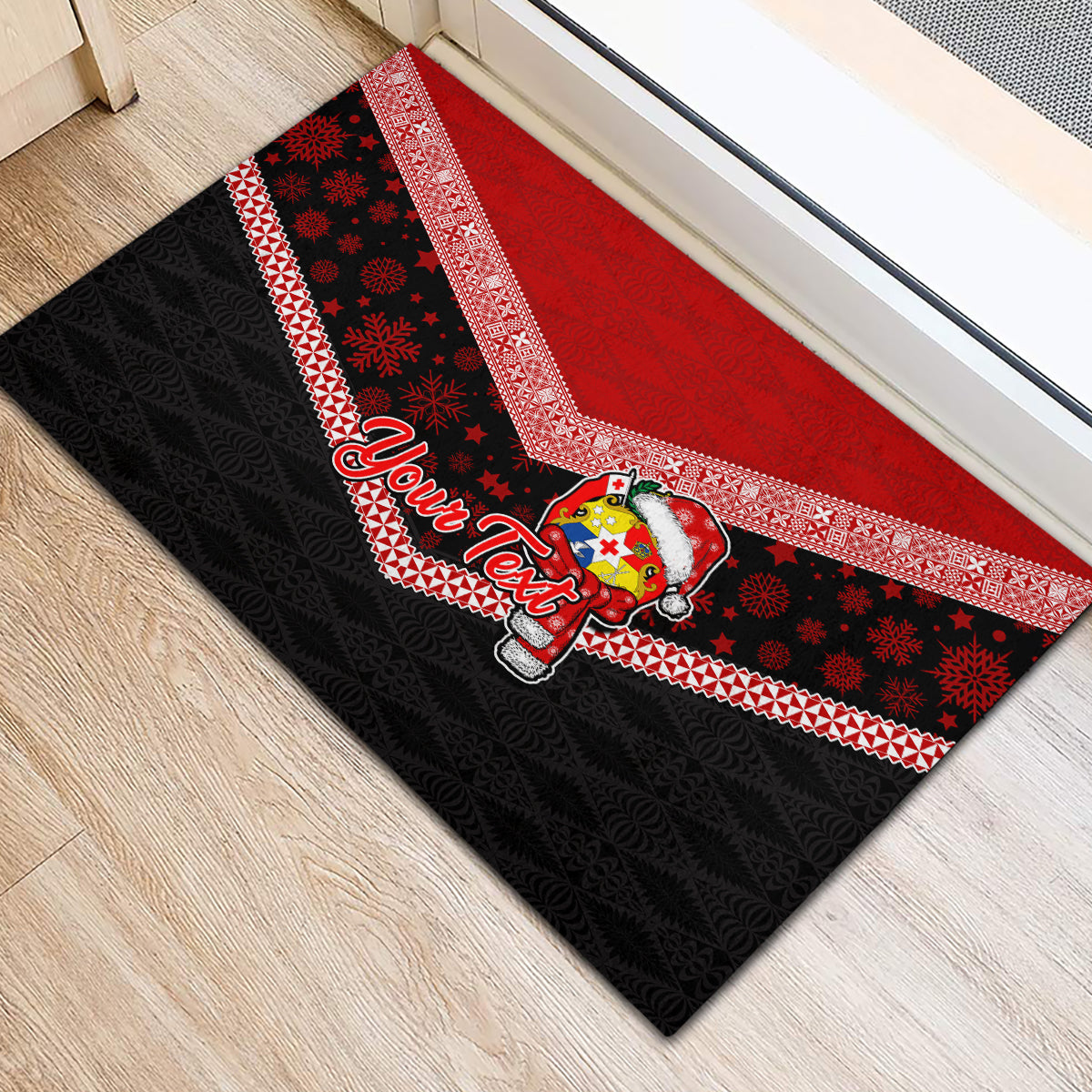 Personalised Tonga Christmas Rubber Doormat Tongan Coat of Arms Santa With Ngatu Pattern Christmas Red Style LT03 - Polynesian Pride