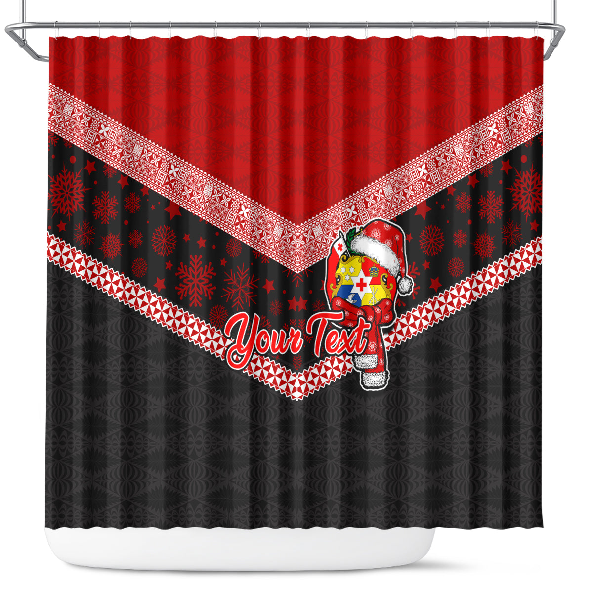 Personalised Tonga Christmas Shower Curtain Tongan Coat of Arms Santa With Ngatu Pattern Christmas Red Style LT03 Red - Polynesian Pride