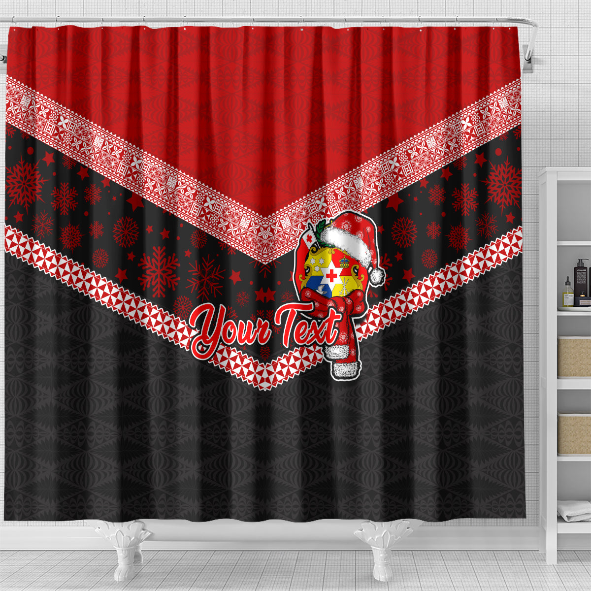 Personalised Tonga Christmas Shower Curtain Tongan Coat of Arms Santa With Ngatu Pattern Christmas Red Style LT03 - Polynesian Pride