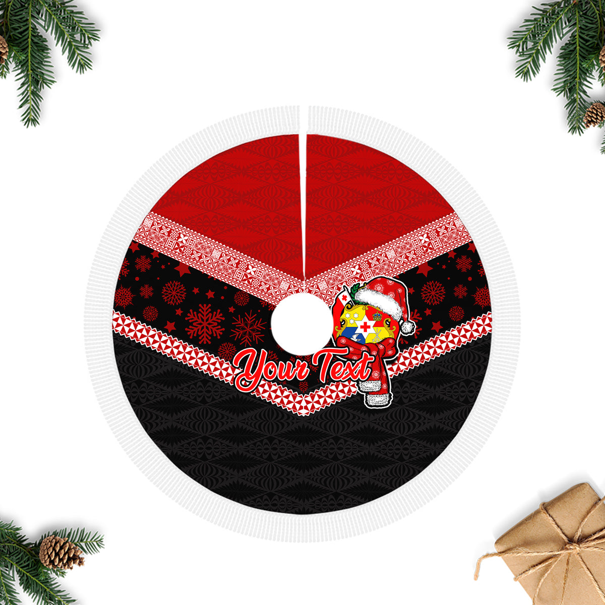 Personalised Tonga Christmas Tree Skirt Tonga Coat of Arms with Seamless Tapa Ngatu Pattern Xmas Red Style LT03 - Polynesian Pride