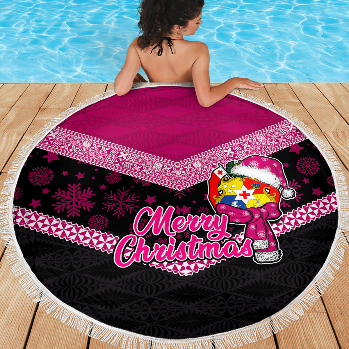 Tonga Christmas Beach Blanket Tongan Coat of Arms Santa With Ngatu Pattern Christmas Pink Style LT03 - Wonder Print Shop