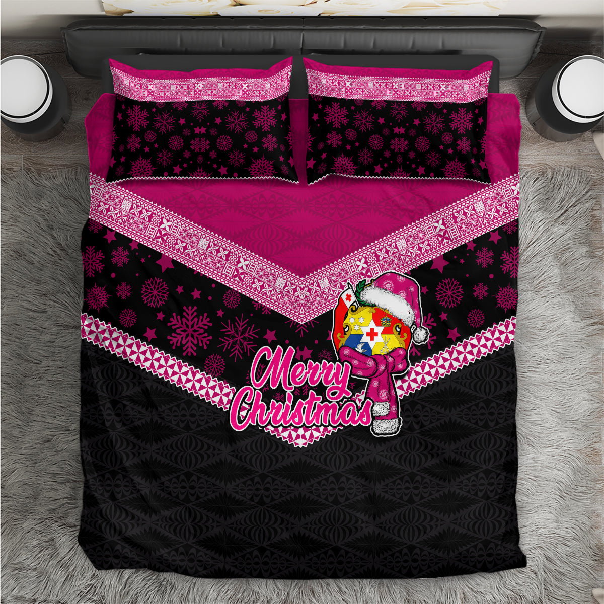 Tonga Christmas Bedding Set Tongan Coat of Arms Santa With Ngatu Pattern Christmas Pink Style LT03 Pink - Polynesian Pride