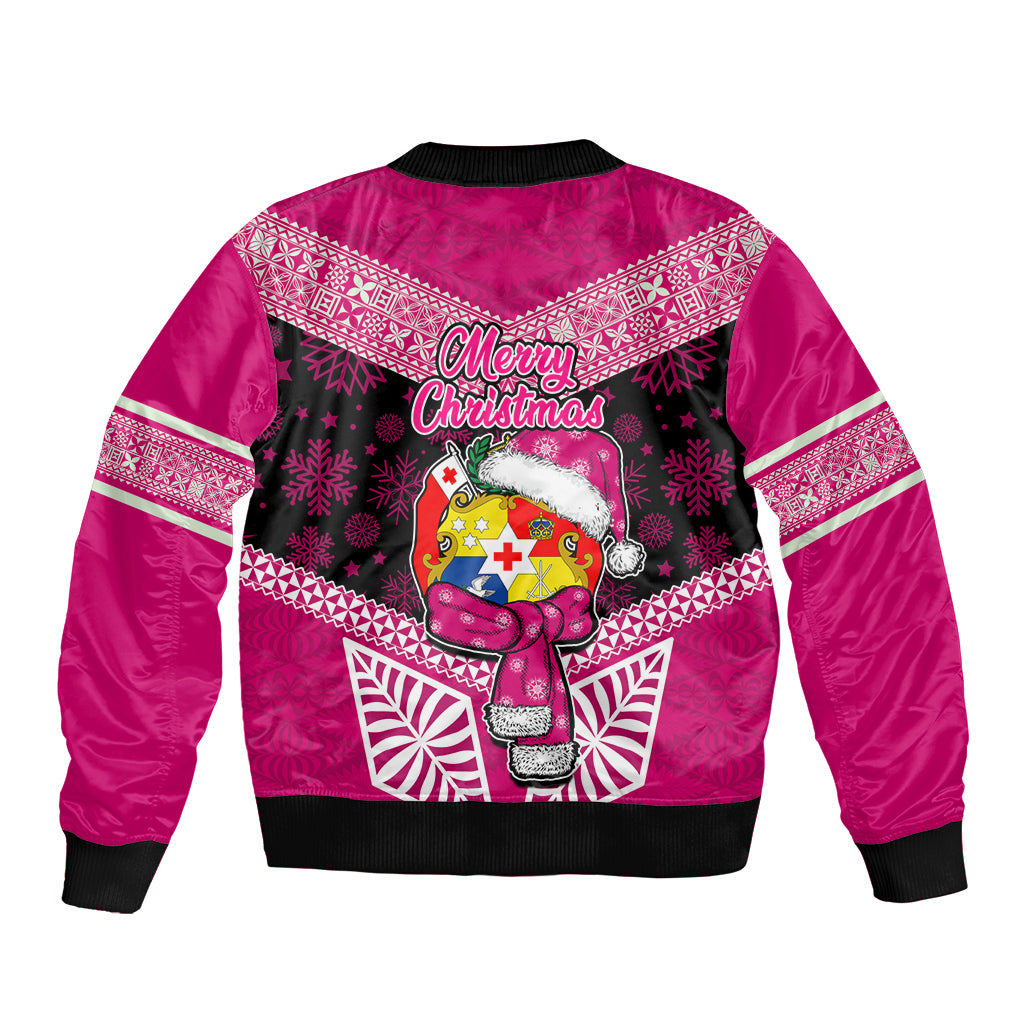 Tonga Christmas Bomber Jacket Tongan Coat of Arms Santa With Ngatu Pattern Christmas Pink Style LT03 - Polynesian Pride