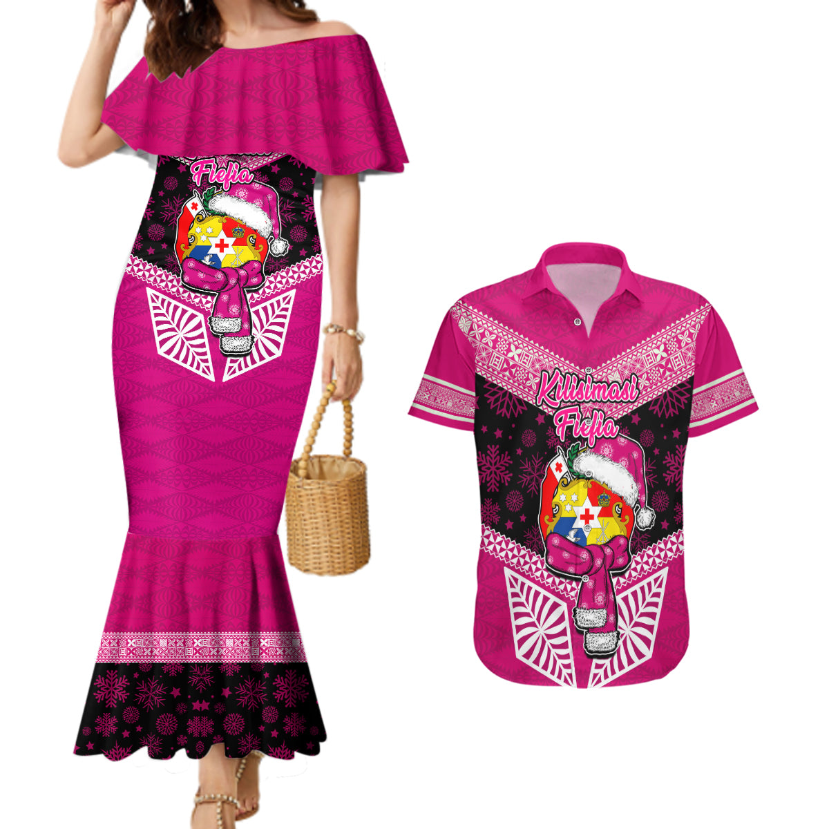 Tonga Christmas Couples Matching Mermaid Dress and Hawaiian Shirt Tongan Coat of Arms Santa With Ngatu Pattern Christmas Pink Style LT03 Pink - Polynesian Pride