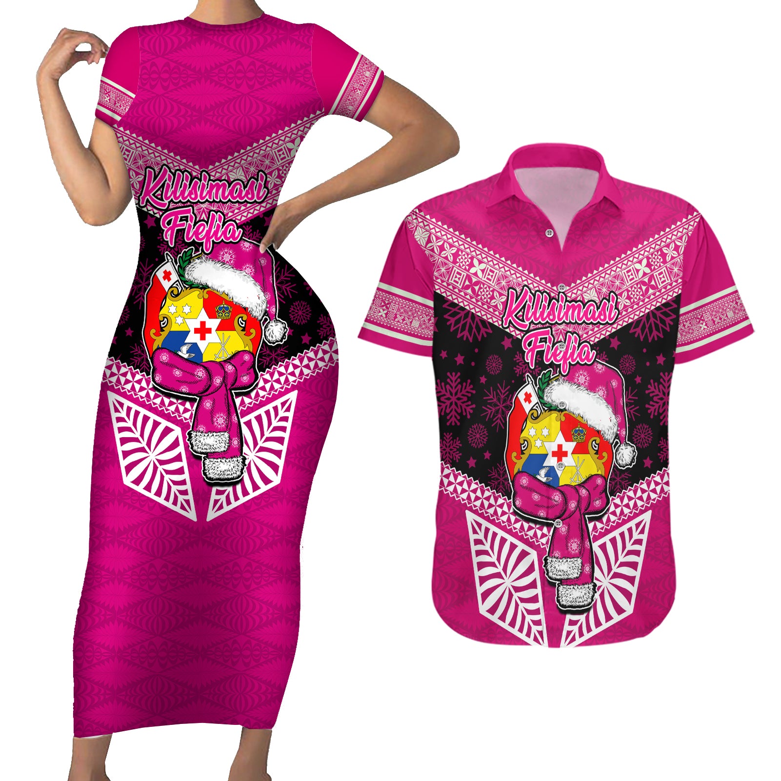 Tonga Christmas Couples Matching Short Sleeve Bodycon Dress and Hawaiian Shirt Tongan Coat of Arms Santa With Ngatu Pattern Christmas Pink Style LT03 Pink - Polynesian Pride