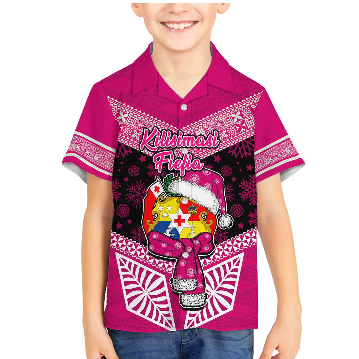 Tonga Christmas Family Matching Mermaid Dress and Hawaiian Shirt Tongan Coat of Arms Santa With Ngatu Pattern Christmas Pink Style LT03 Son's Shirt Pink - Polynesian Pride