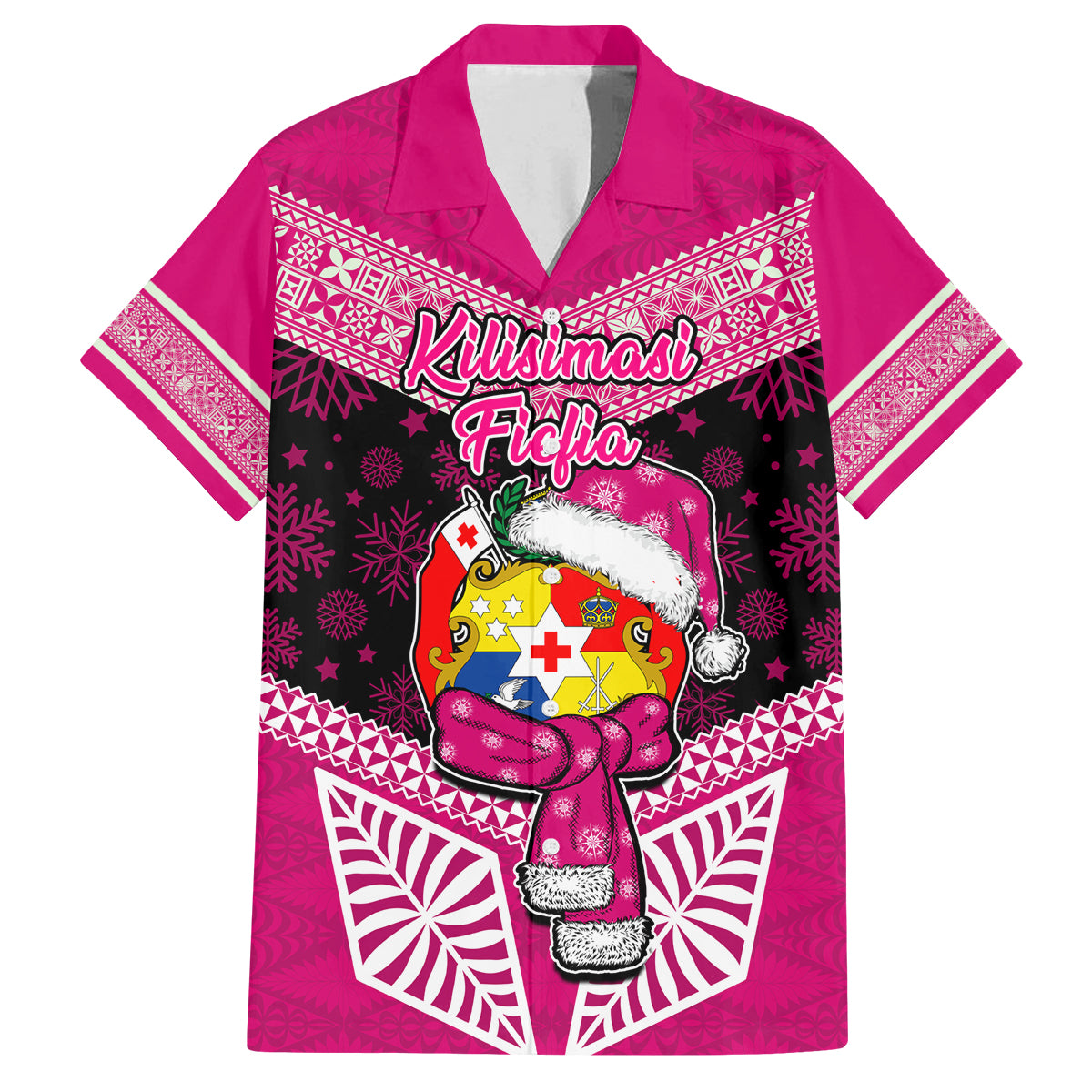Tonga Christmas Family Matching Off Shoulder Short Dress and Hawaiian Shirt Tongan Coat of Arms Santa With Ngatu Pattern Christmas Pink Style LT03 Dad's Shirt - Short Sleeve Pink - Polynesian Pride