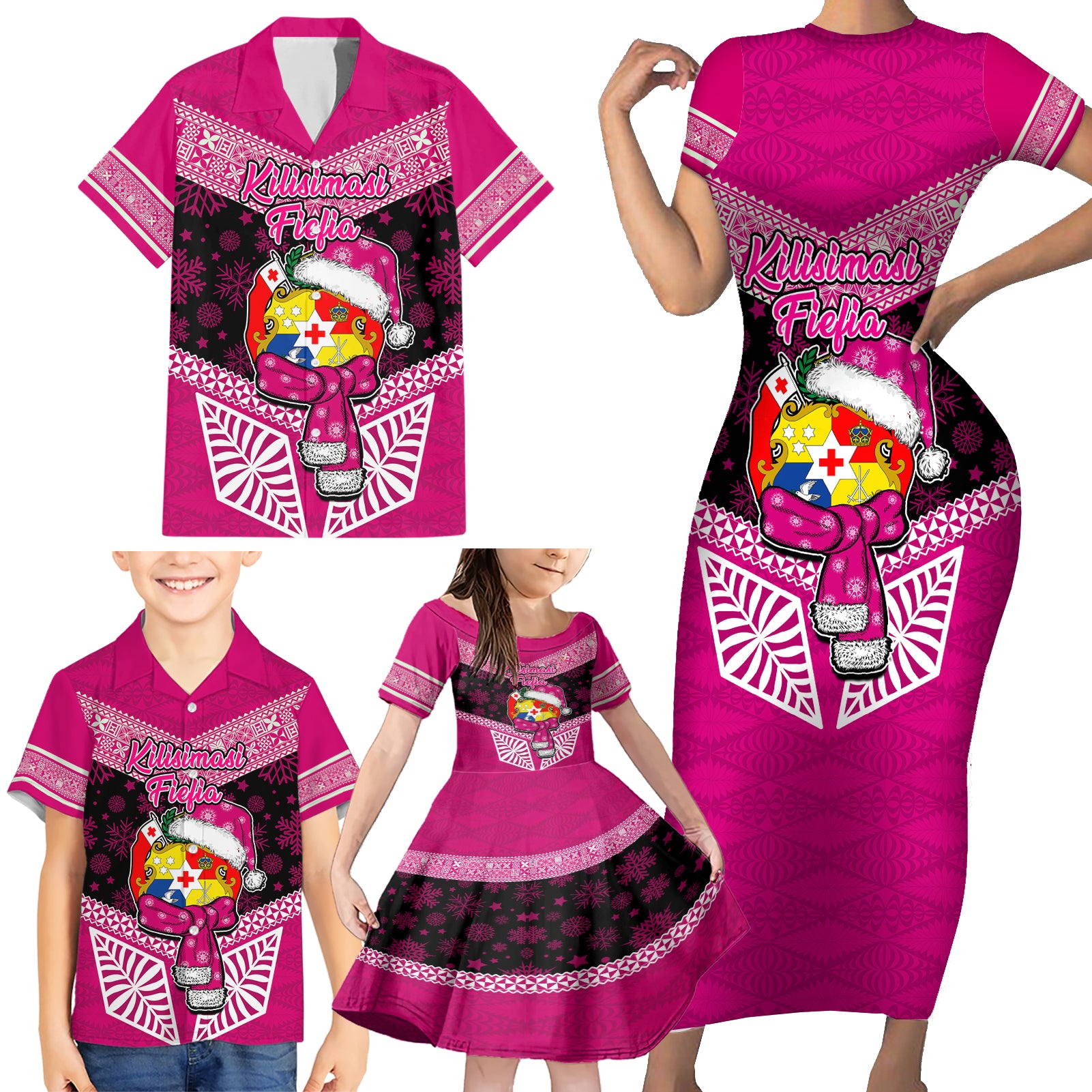 Tonga Christmas Family Matching Short Sleeve Bodycon Dress and Hawaiian Shirt Tongan Coat of Arms Santa With Ngatu Pattern Christmas Pink Style LT03 - Polynesian Pride